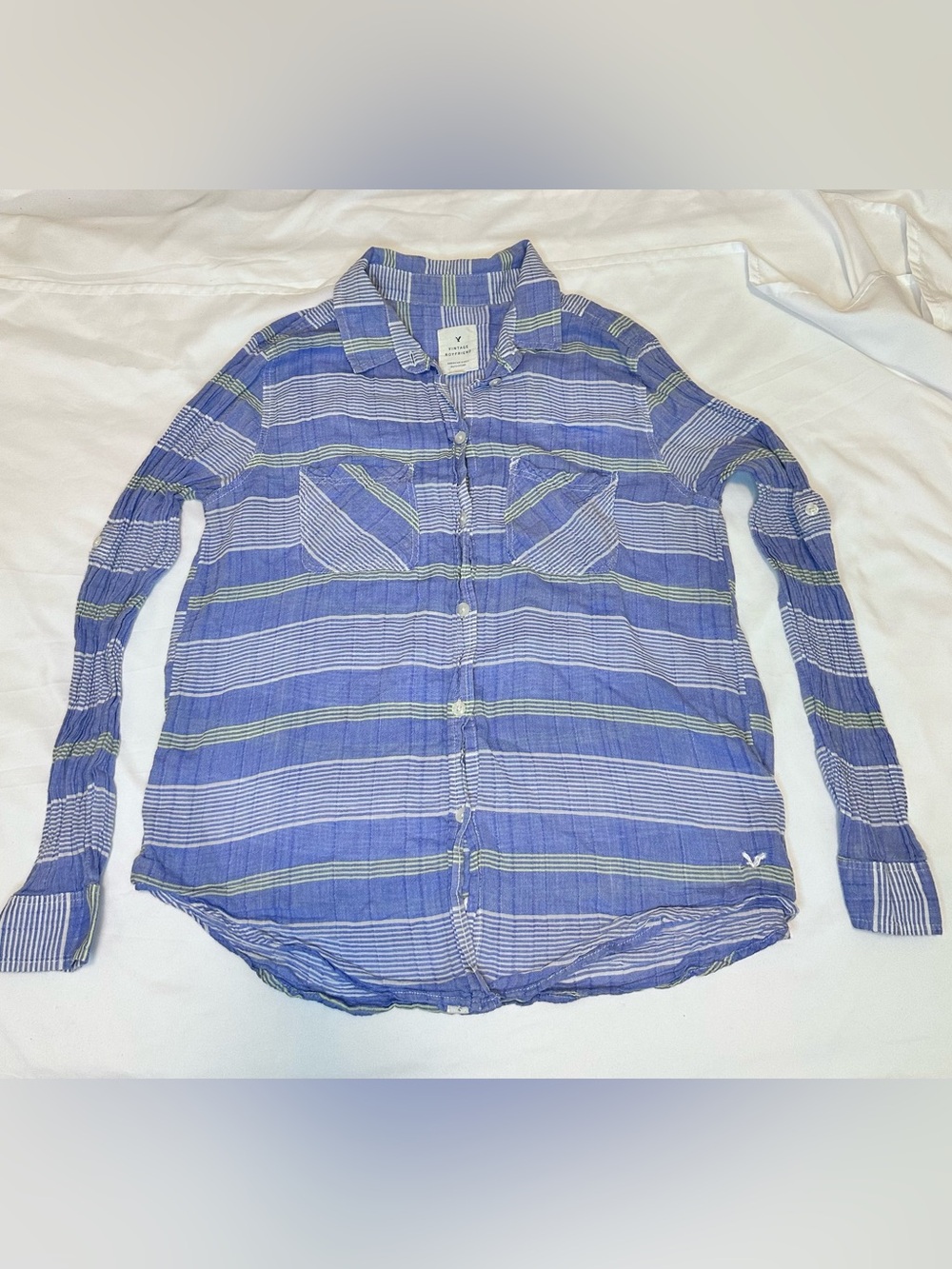 American Eagle Vintage Boyfriend Blue Striped Button Front Shirt Medium